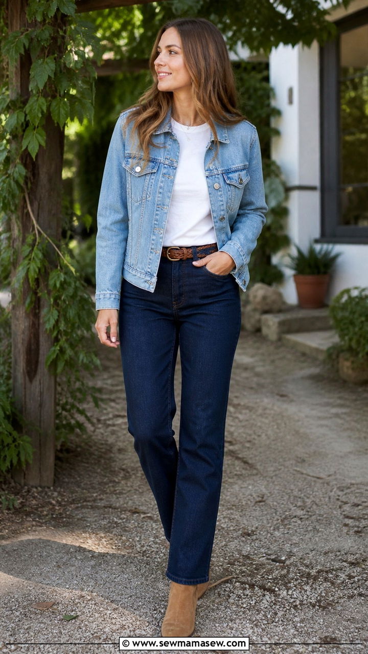 Jeans with a denim jacket in contrasting washes - 40 jeans outfits