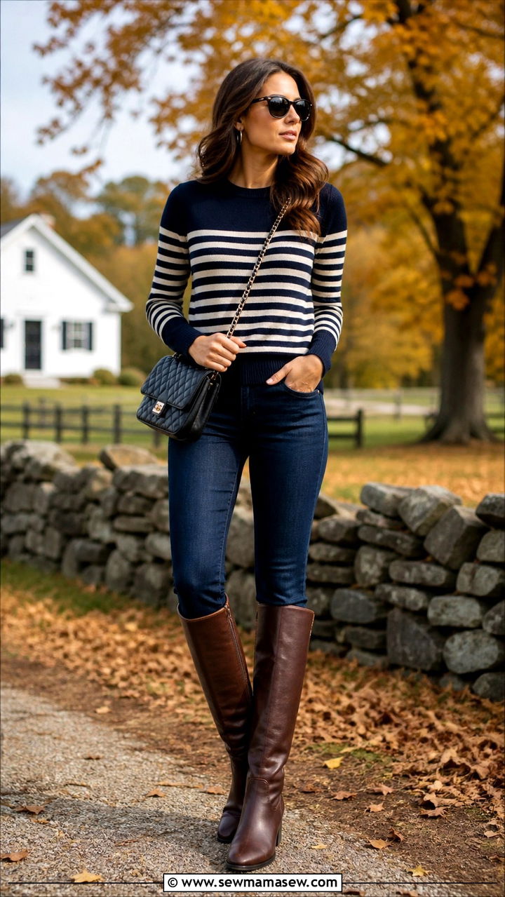 Jeans with a striped sweater and riding boots - 40 jeans outfits