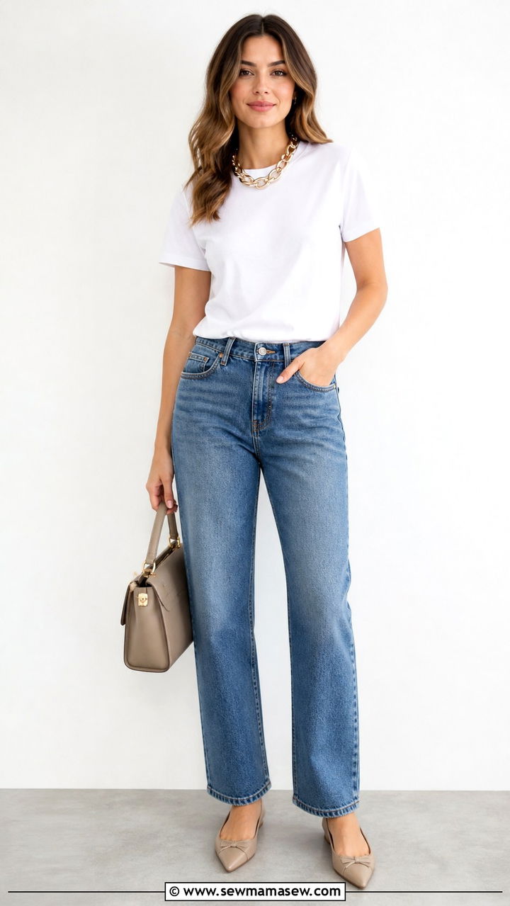 Jeans with a white tee and statement necklace - 40 jeans outfits