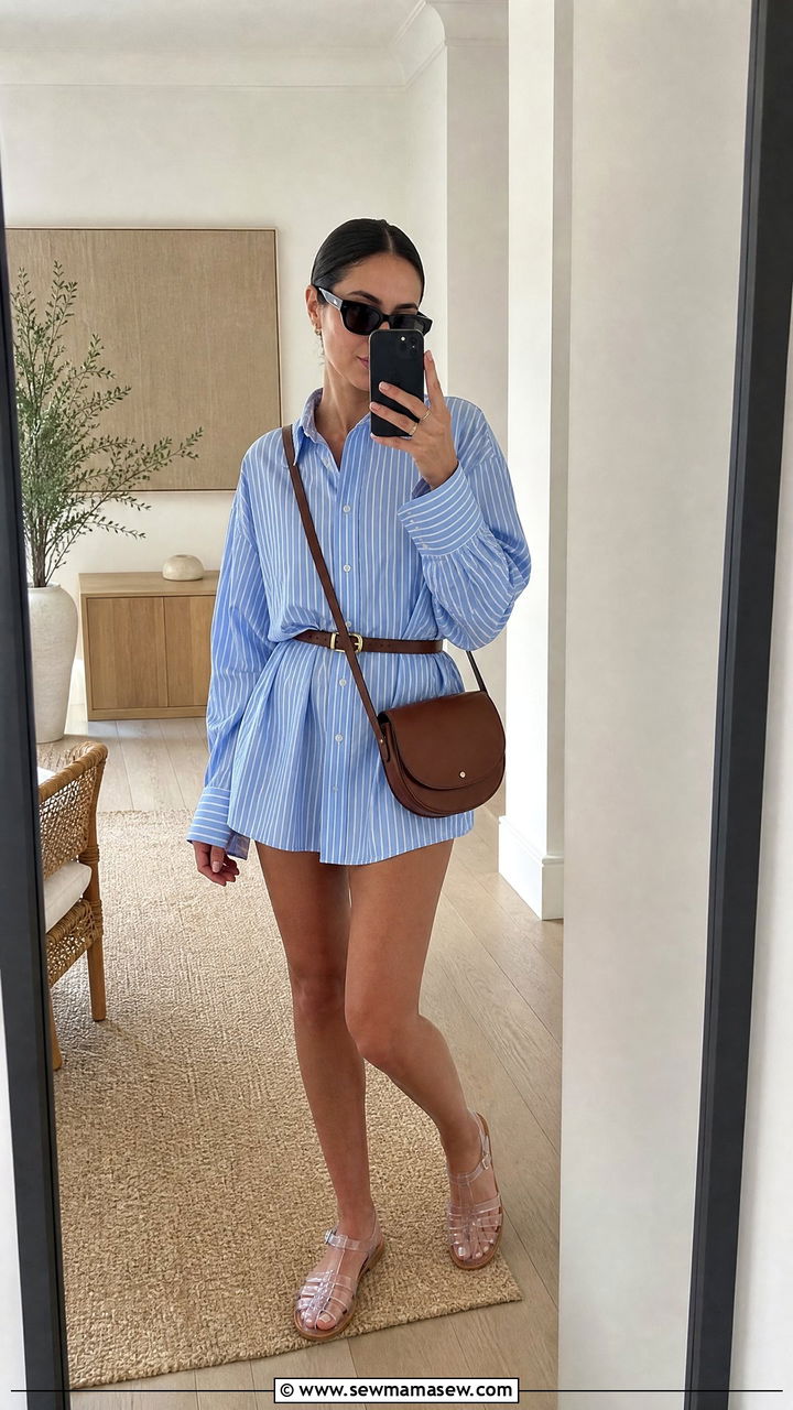 Jelly sandals with oversized button down shirt - 25 Jelly sandals outfit ideas
