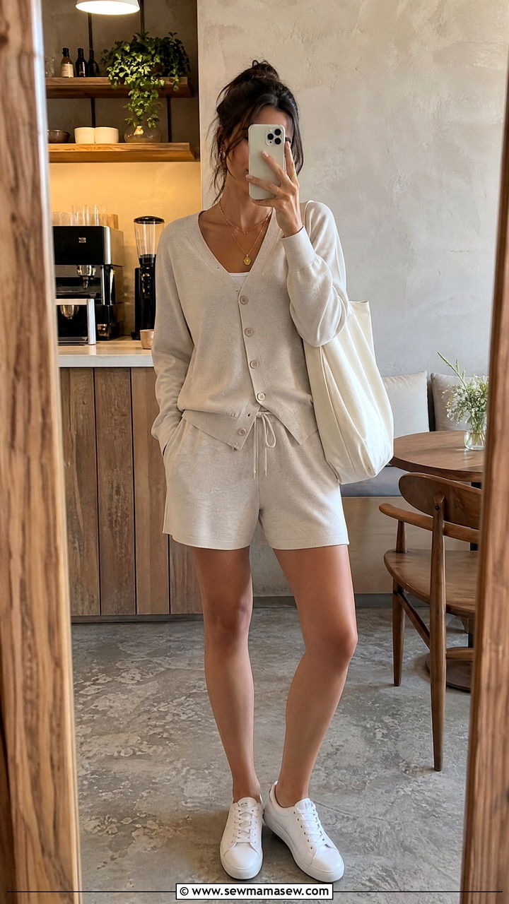 Jersey Bermuda Shorts With Cardigan Set - 30 Summer outfits with bermuda shorts