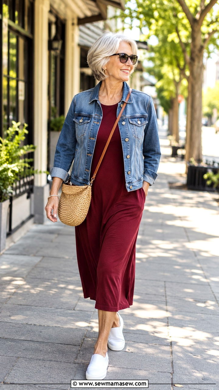 Jersey Dress and Denim Jacket Casual Travel Outfit - 30 Travel outfit ideas for women over 60