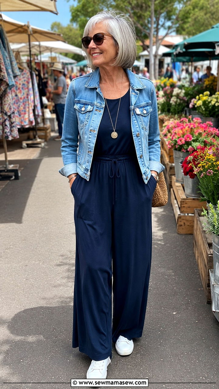 Jersey Jumpsuit With a Denim Jacket - 30 Trendy outfit ideas for women over 60