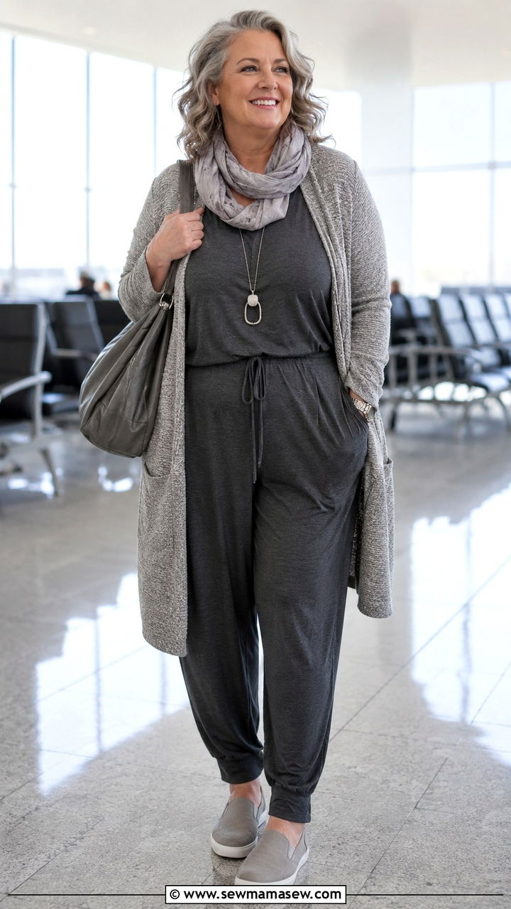 Jersey Jumpsuit with Open Front Cardigan - 30 Plus size outfit ideas for women over 50
