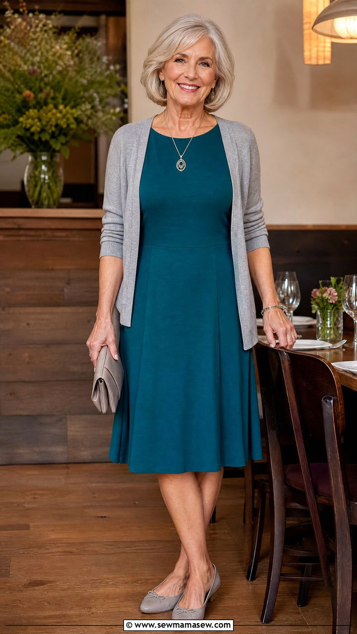 Jersey Knit Fit And Flare Dress With Cardigan For Women Over 60 - 30 Going out outfit ideas women over 60