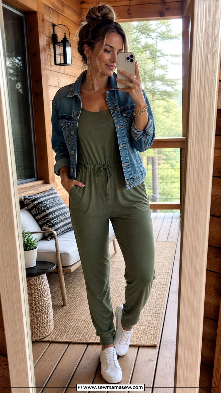 Jersey Knit Jumpsuit With Denim Jacket - 30 Summer cabin weekend outfits