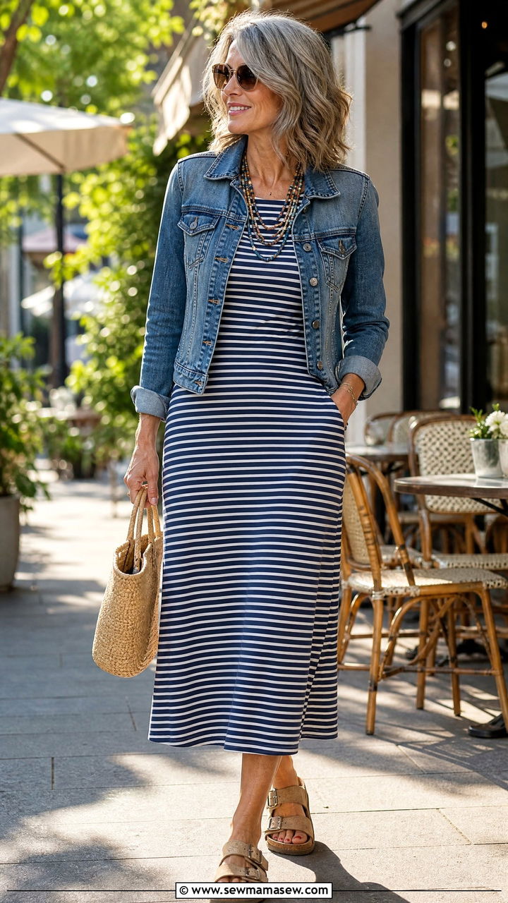 Jersey Knit Midi Dress And Denim Jacket - 25 Loungewear outfit ideas for women over 50