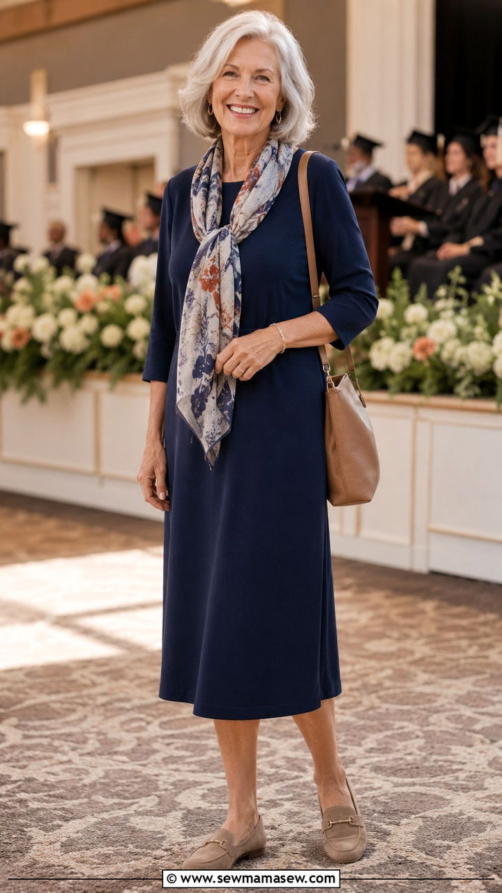 Jersey Knit Midi Dress with Lightweight Scarf - 30 Graduation outfits for women over 60