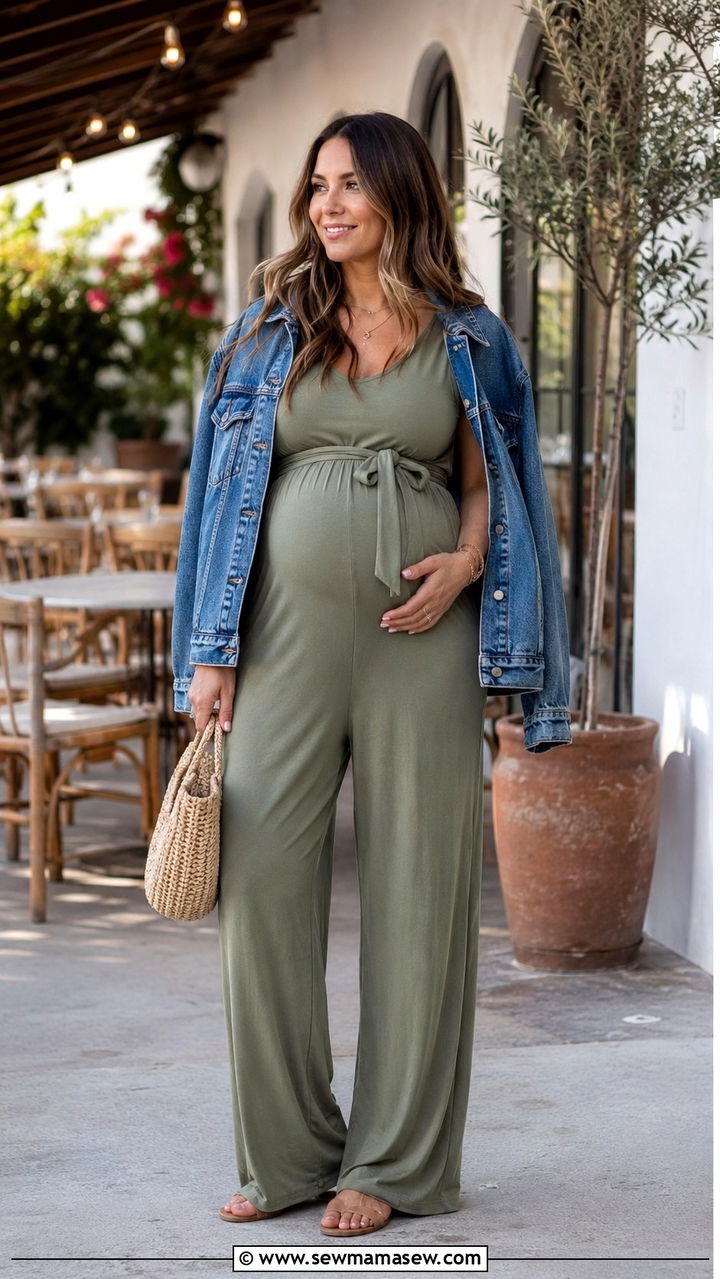 Jersey Maternity Jumpsuit with Denim Jacket - 20 Maternity outfit ideas summer 2026