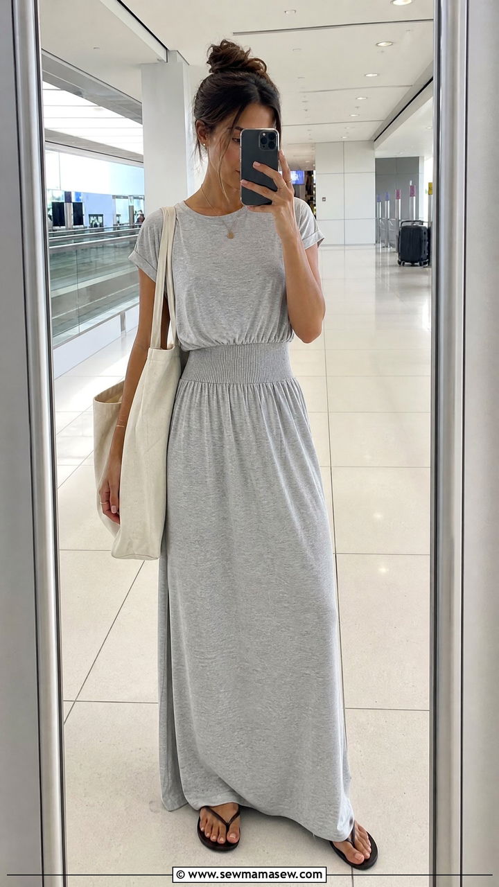 Jersey Maxi Dress with Elastic Belt and Flip Flops - 30 Maxi dress outfit ideas with a belt