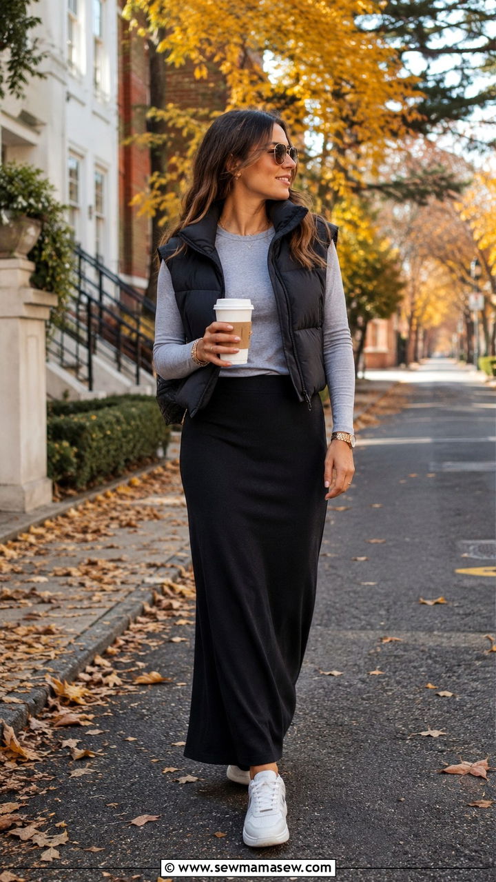 Jersey Maxi Skirt with Long Sleeve Tee - 30 Maxi skirt outfit ideas with a tee