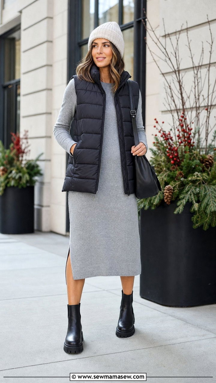 Jersey Midi Dress with Puffer Vest and Lug Sole Boots - 35 casual midi dress outfits