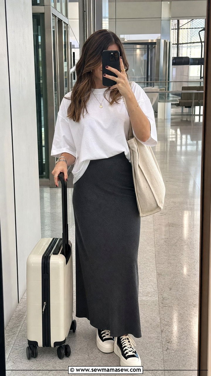 Jersey Midi Skirt with Relaxed Tee and Platform Sneakers - 35 casual midi skirt outfits
