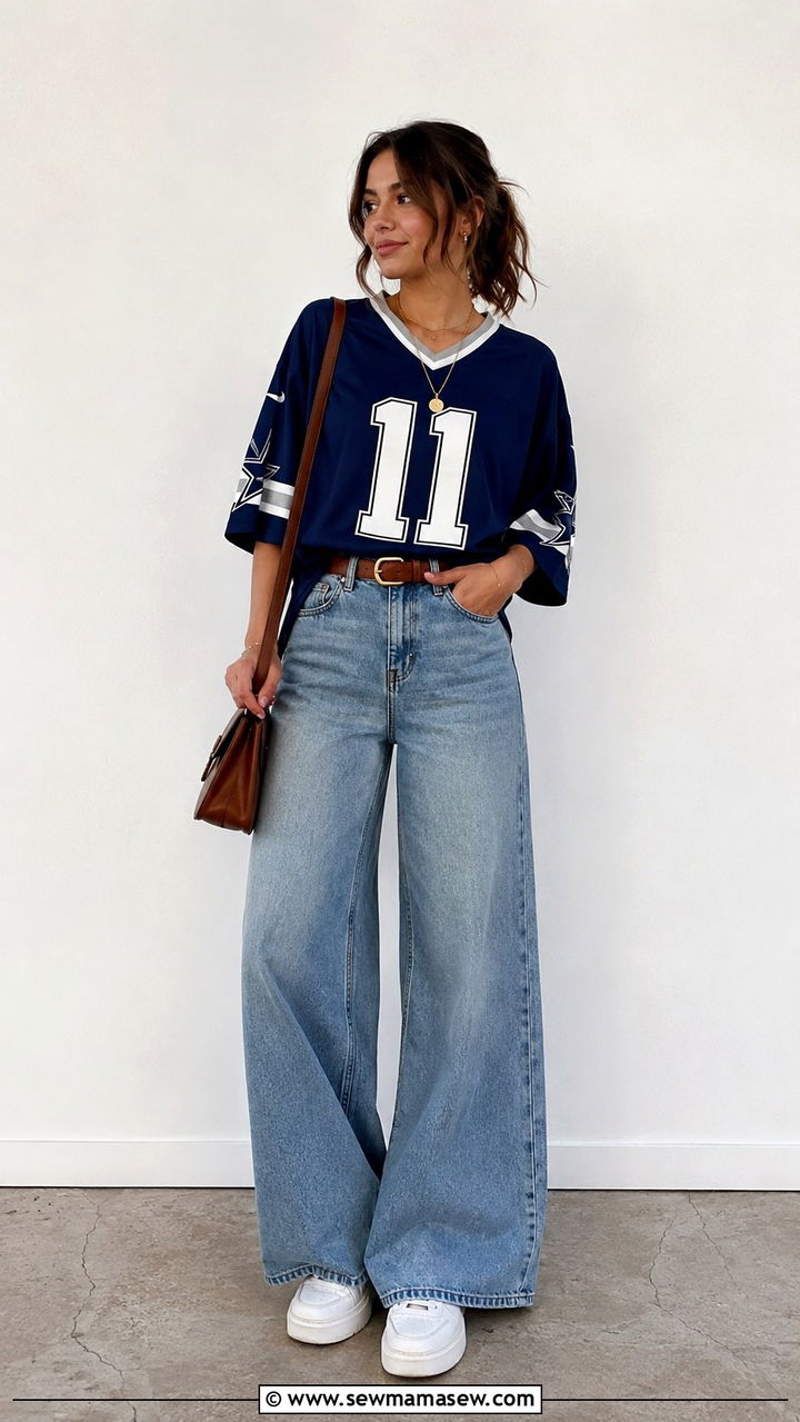 Jersey Tucked Into Wide Leg Jeans Outfit - 30 NFL game outfit ideas