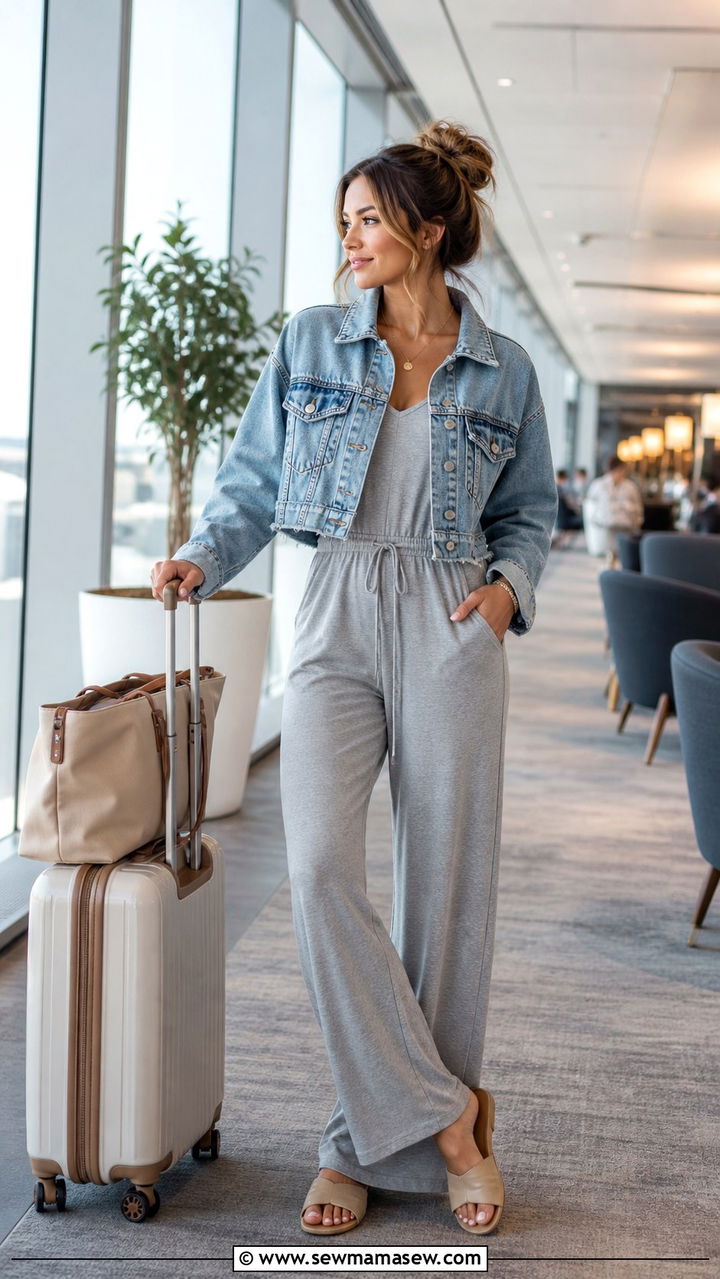 Jersey jumpsuit with a cropped denim jacket and slide sandals - 40 What to wear in Charleston