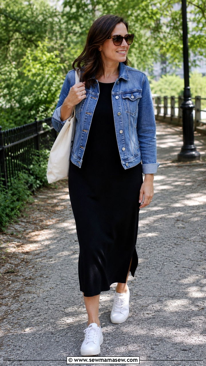 Jersey knit dress with denim jacket - 30 Dress outfit ideas for women over 40