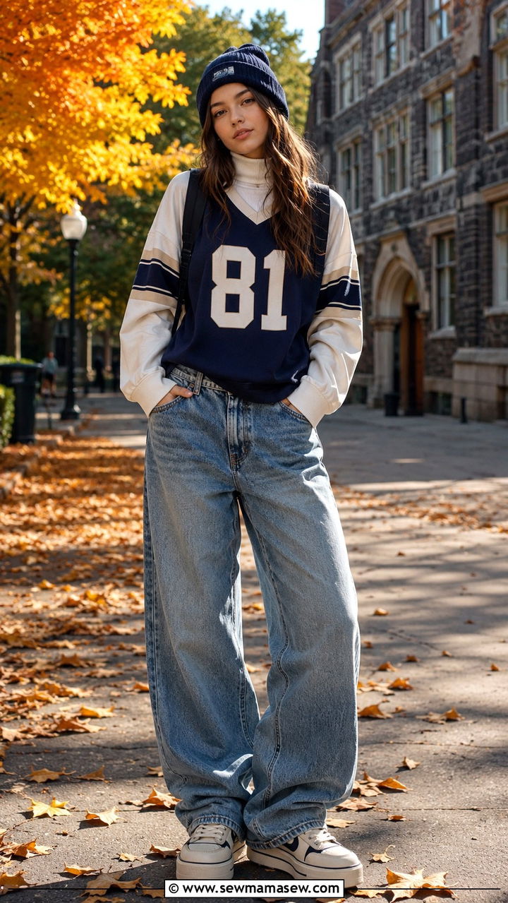Jersey layered over a turtleneck with baggy jeans - 30 School outfit ideas with jersey