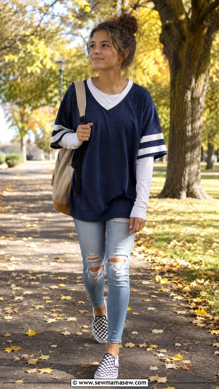 Jersey over a long sleeve tee with ripped skinny jeans - 30 School outfit ideas with jersey