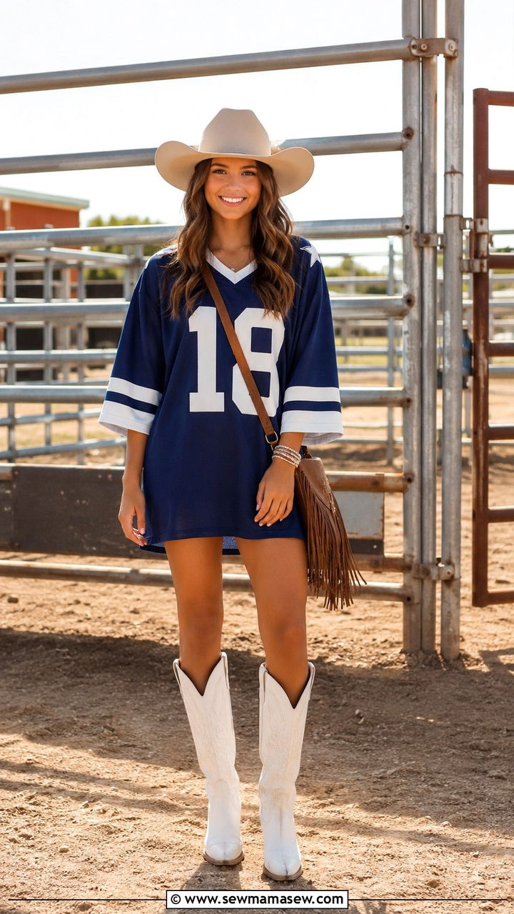 Jersey styled as a dress with cowboy boots - 30 School outfit ideas with jersey