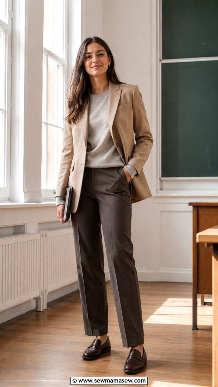 Jersey under a blazer with tailored trousers - 30 School outfit ideas with jersey