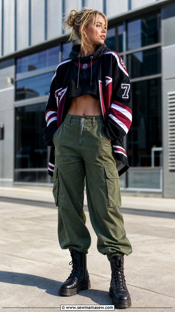 Jersey with Cargo Pants and Combat Boots - 25 Hockey game outfit ideas