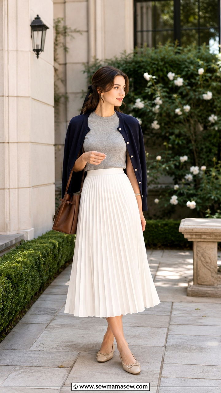 Jersey with a pleated midi skirt and ballet flats - 30 School outfit ideas with jersey
