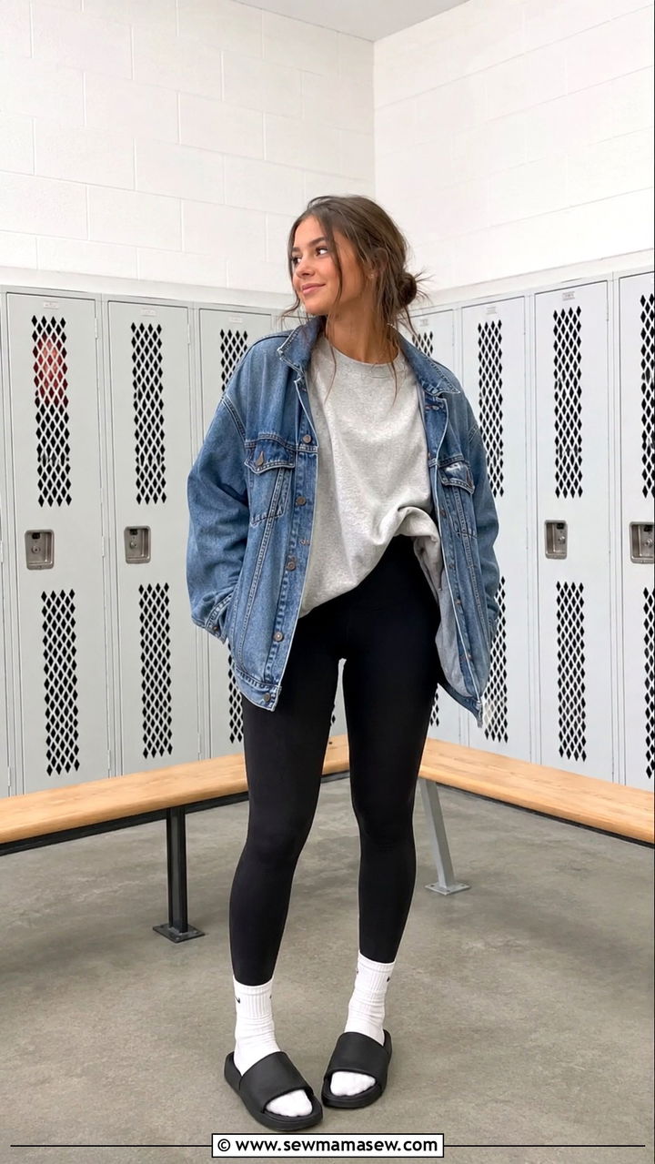 Jersey with black leggings and slide sandals - 30 School outfit ideas with jersey