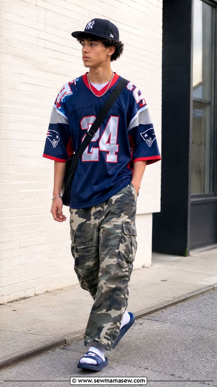 Jersey with camo cargo pants and sporty slides - 30 School outfit ideas with jersey