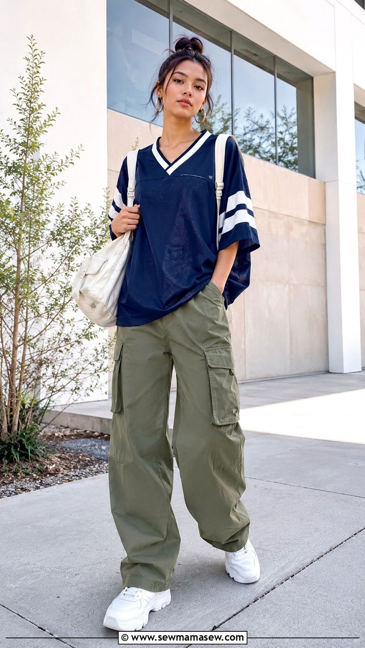 Jersey with cargo pants and chunky sneakers - 30 School outfit ideas with jersey