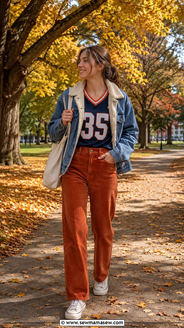 Jersey with corduroy pants and canvas sneakers - 30 School outfit ideas with jersey