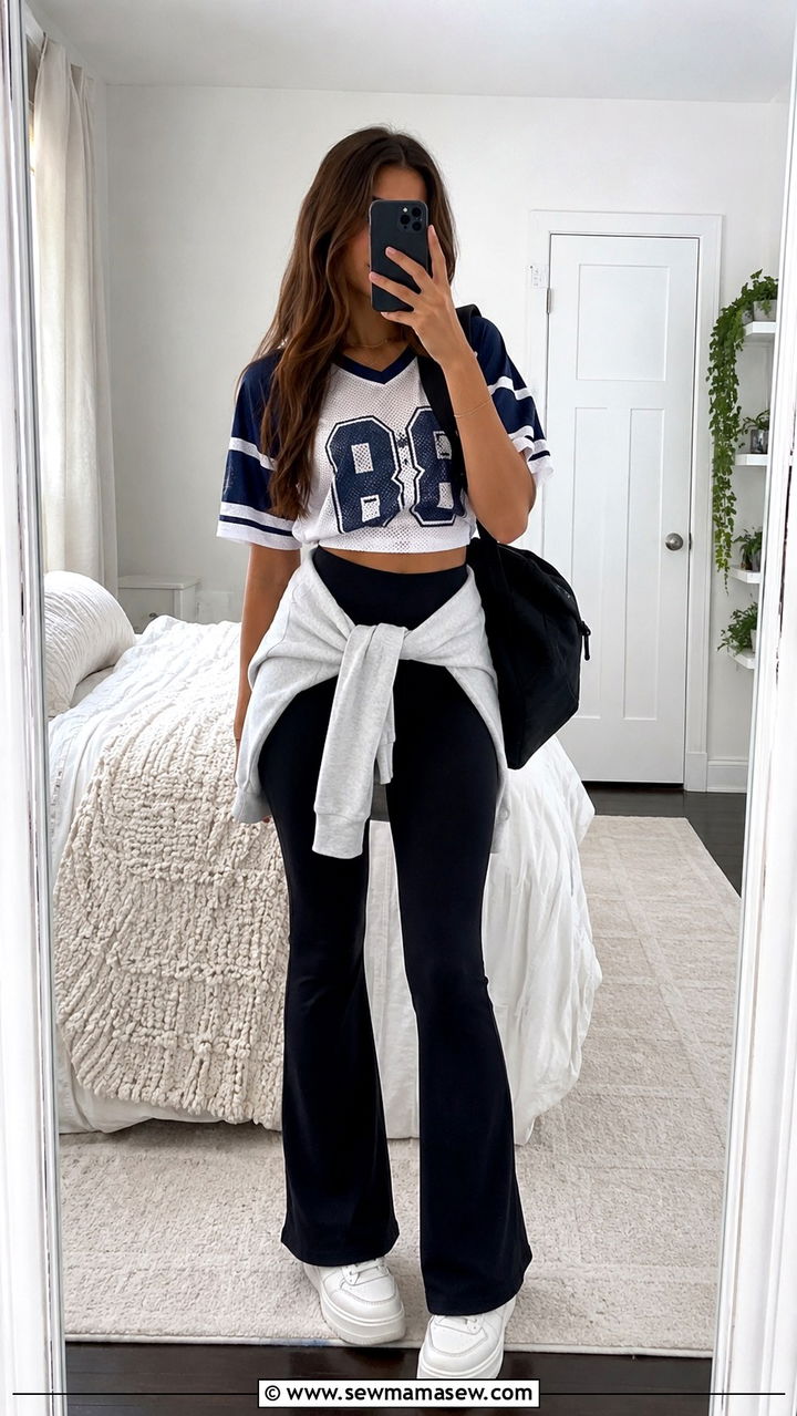 Jersey with flare leggings and platform sneakers - 30 School outfit ideas with jersey