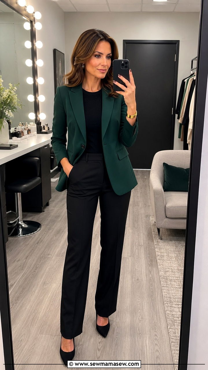 Jewel Tone Blazer With Black Trousers - 25 News anchor outfit ideas
