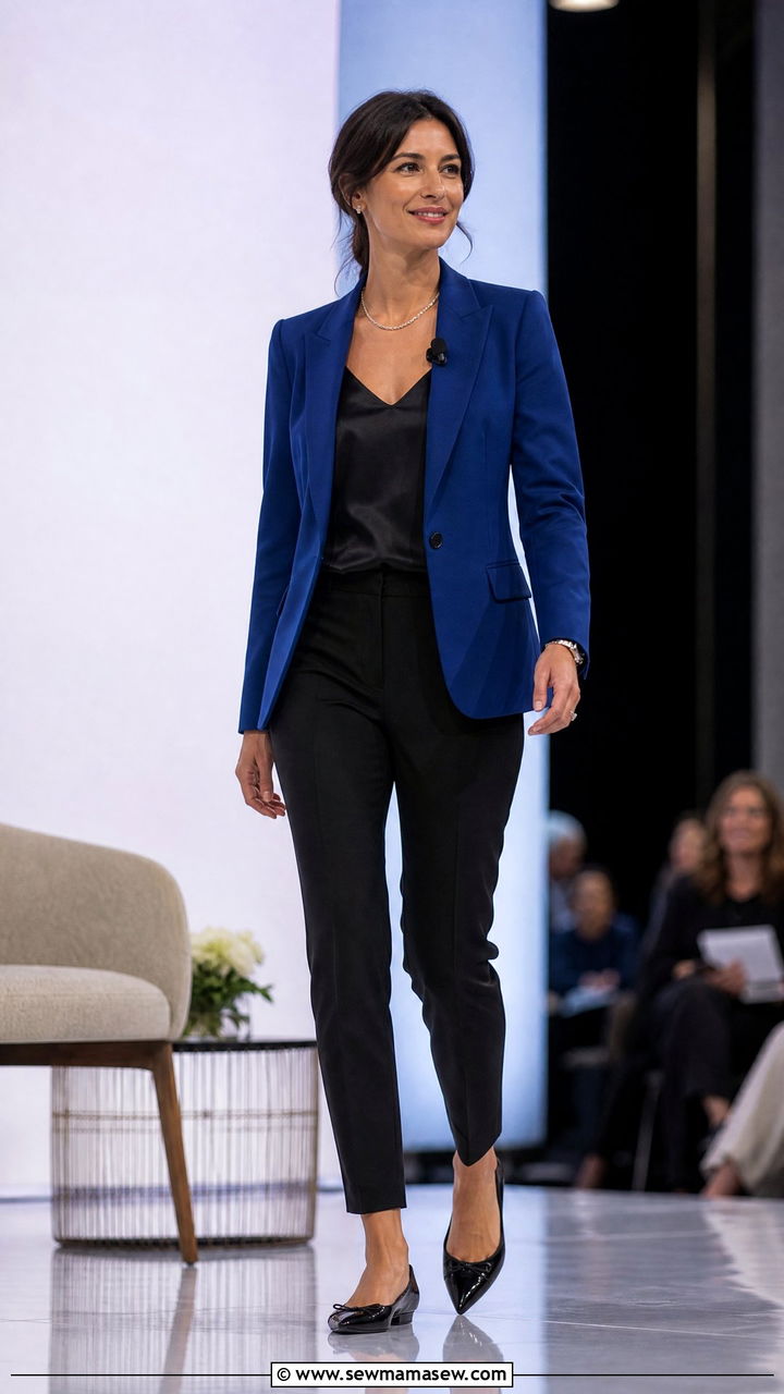 Jewel Tone Blazer with Black Trousers and Pointed Flats - 25 Keynote speaker outfit ideas