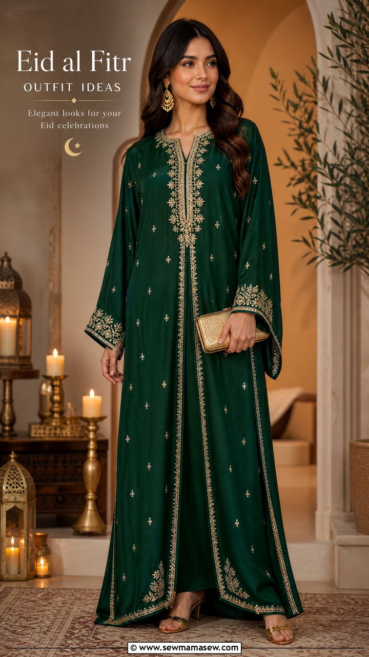 Jewel Tone Jalabiya with Gold Earrings - 30 Eid al Fitr outfit ideas