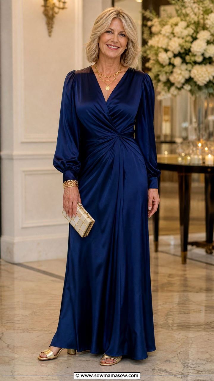 Jewel Tone Maxi Dress with Gold Accessories and Block Heels - 30 Maxi dress for women over 50 outfit ideas