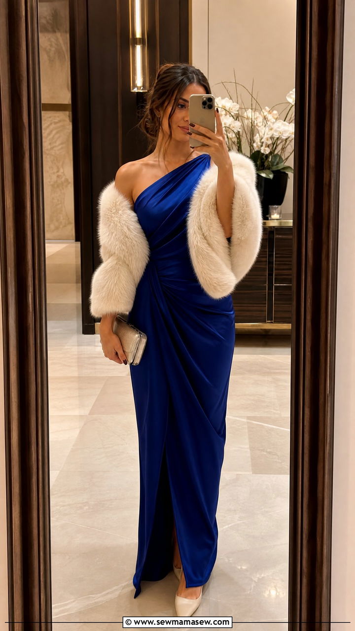 Jewel Tone Maxi Gown With Faux Fur Wrap - 30 Festive attire wedding guest outfit ideas