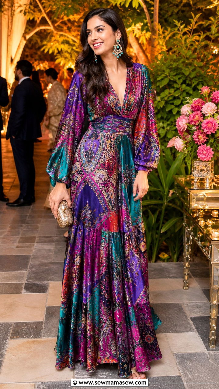 Jewel Tone Printed Maxi Dress With Statement Earrings - 40 Formal wedding guest outfits