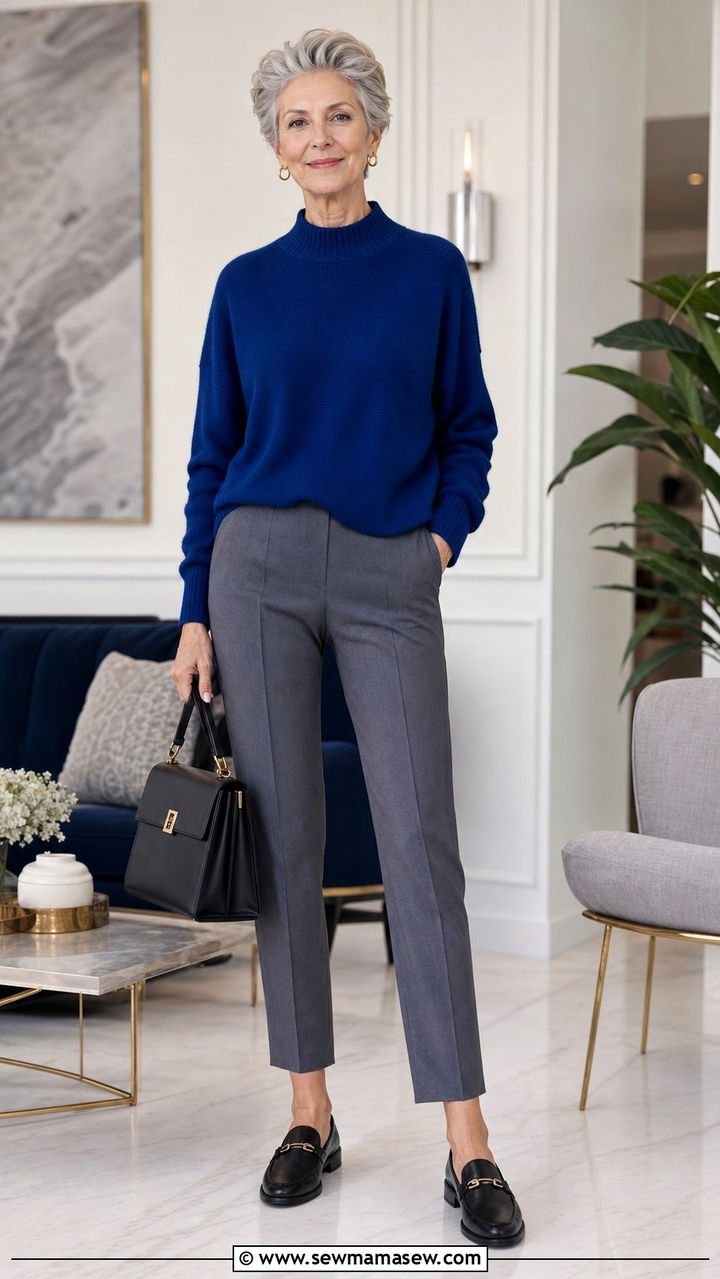 Jewel Tone Sweater With Grey Trousers - 25 Cute outfits for women over 60