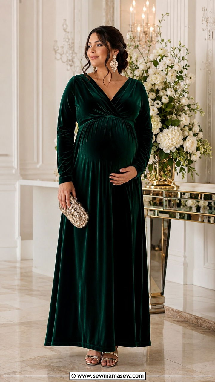 Jewel Tone Velvet Gown With Statement Earrings - 25 wedding guest outfits for pregnant women