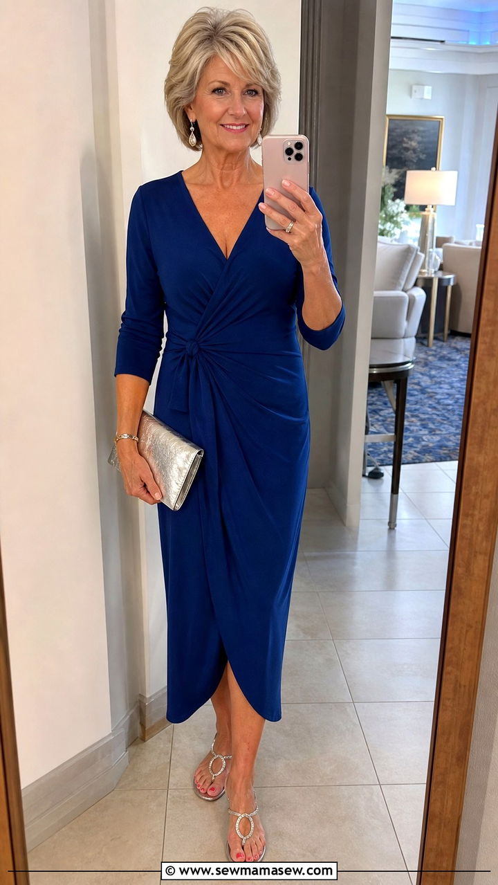 Jewel Tone Wrap Dress and Metallic Sandals - 40 Summer outfit ideas for women over 50 2026