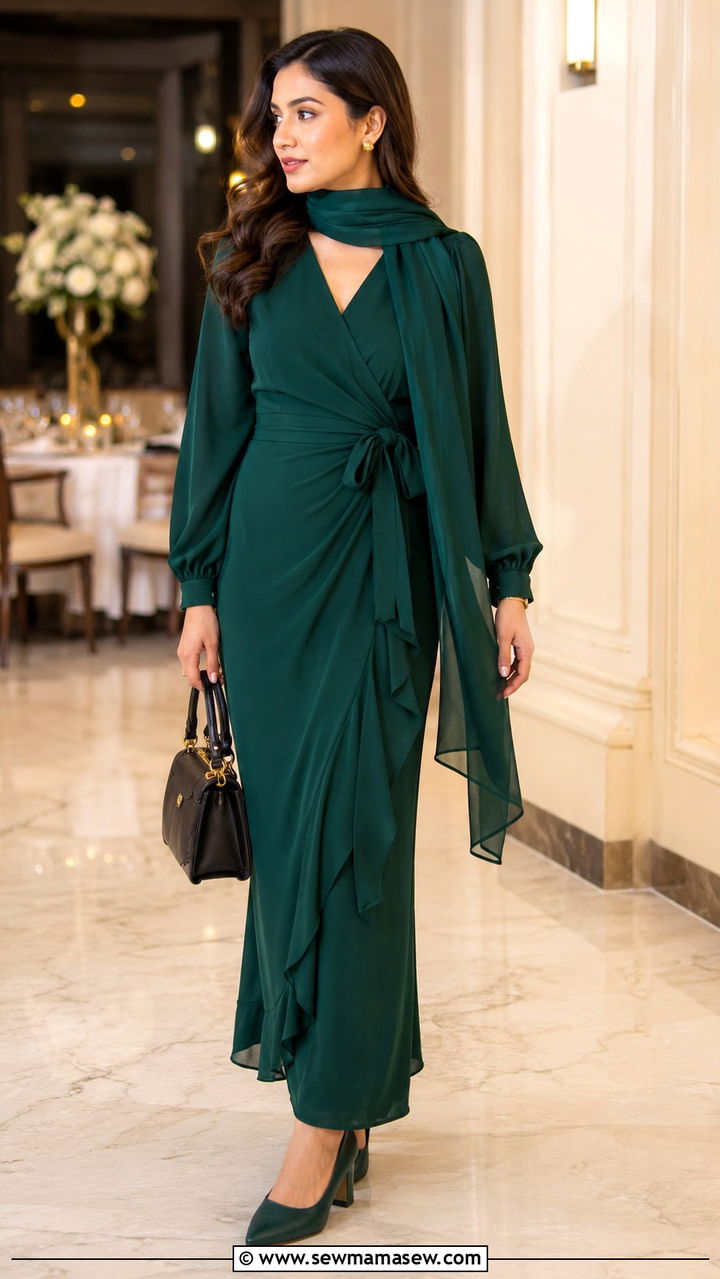 Jewel Tone Wrap Dress with Scarf - 25 Wedding guest outfit ideas Muslim wedding