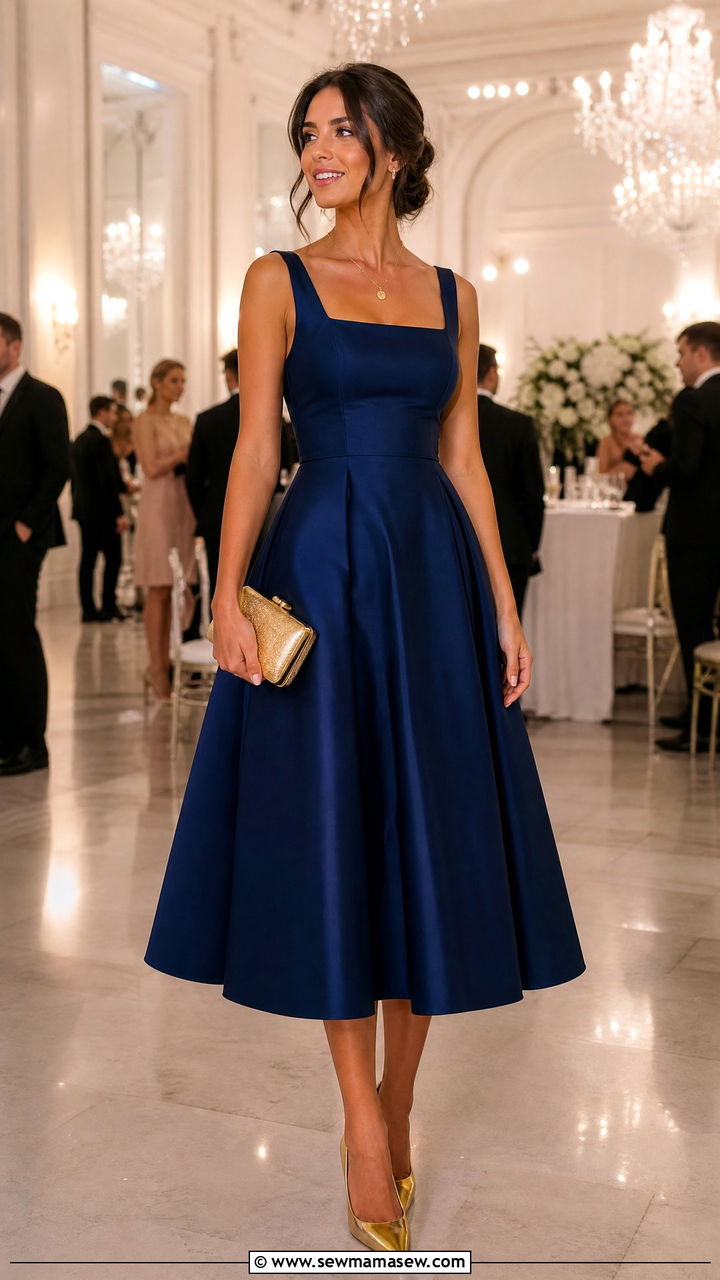 Jewel Toned A Line Midi Dress With Gold Pointed Toe Pumps - 30 Cocktail wedding guest outfits