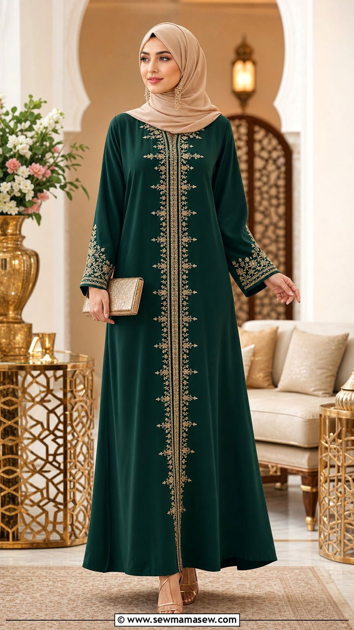 Jewel tone emerald abaya with gold accents - 25 Eid outfit ideas with abaya