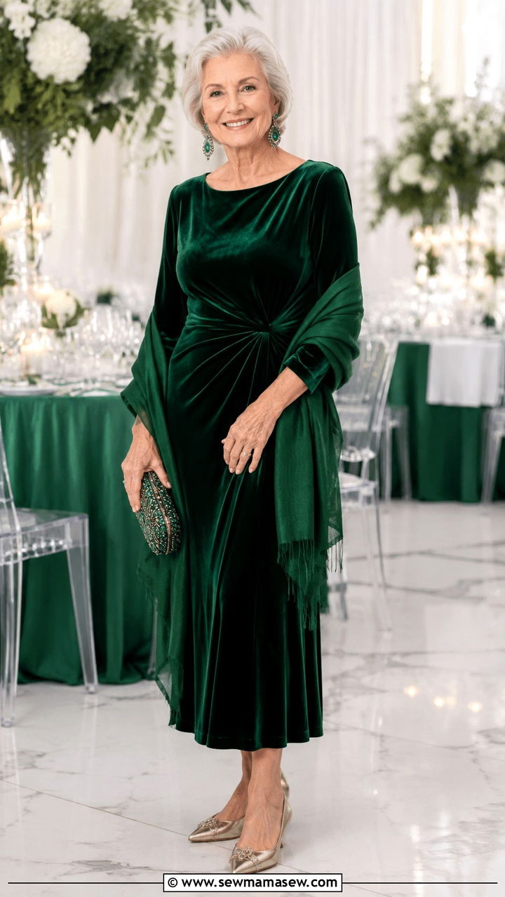 Jewel toned long sleeve dress with kitten heels - 25 Modest outfits for women over 60