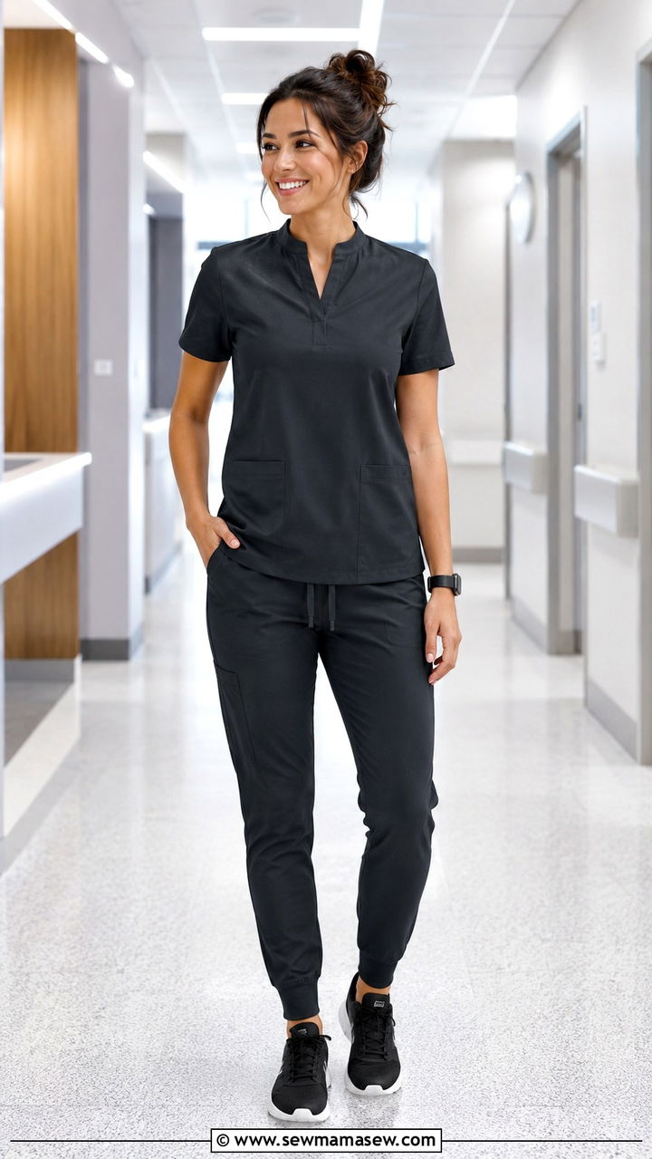 Jogger Scrub Pants with a Fitted Mandarin Collar Top Outfit - 30 Scrubs outfit ideas for nurses
