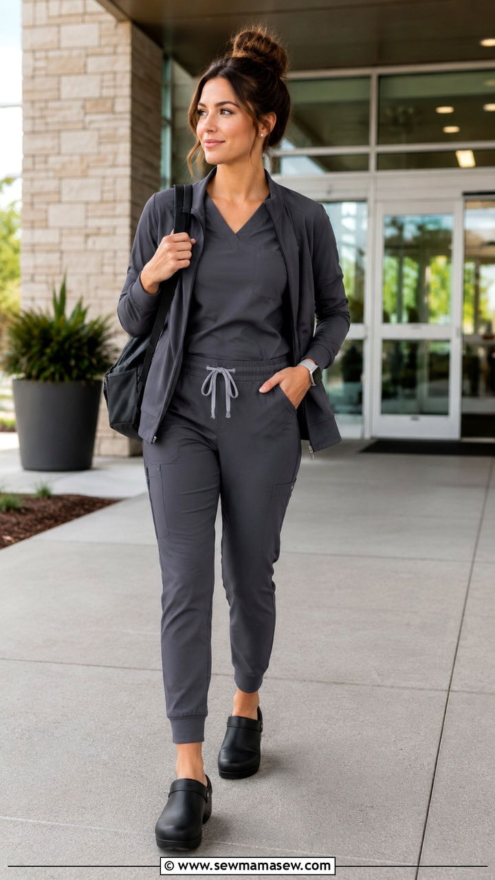 Jogger Scrubs With A Full Zip Jacket And Clogs - 25 Travel nurse outfit ideas