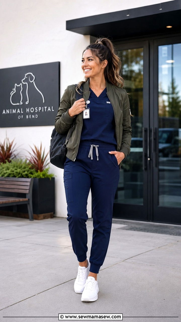 Jogger Scrubs With Lightweight Bomber Jacket - 25 Veterinarian outfit ideas