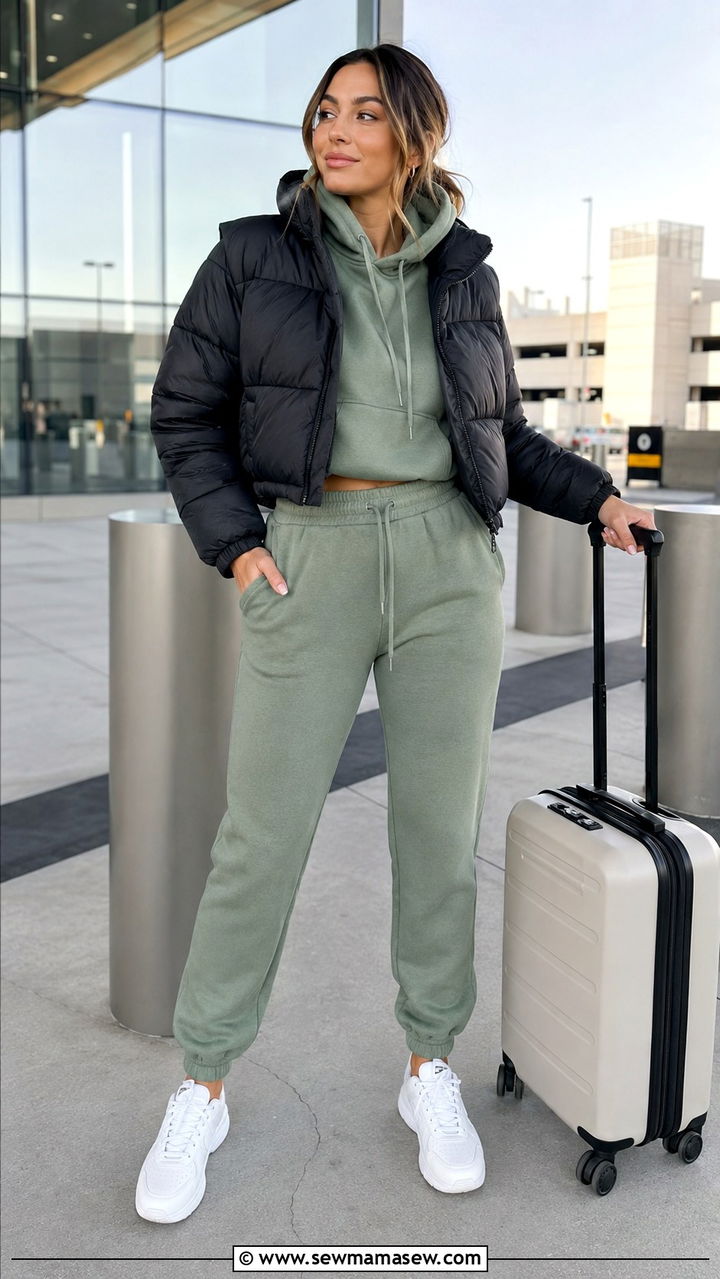 Jogger Set With Cropped Puffer Jacket And Sneakers - 30 Mild weather outfit ideas