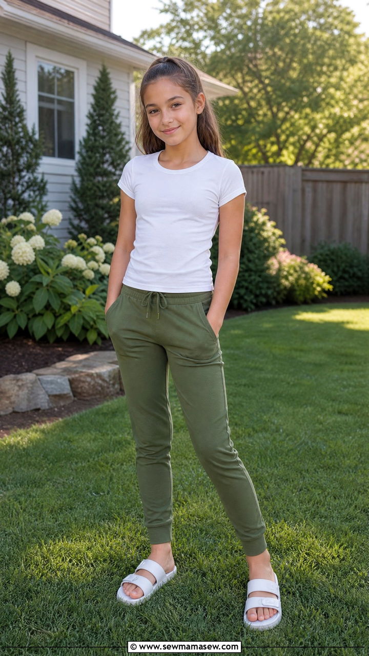 Jogger pants with fitted tee and slide sandals - 25 Tween outfit ideas for 12 year olds