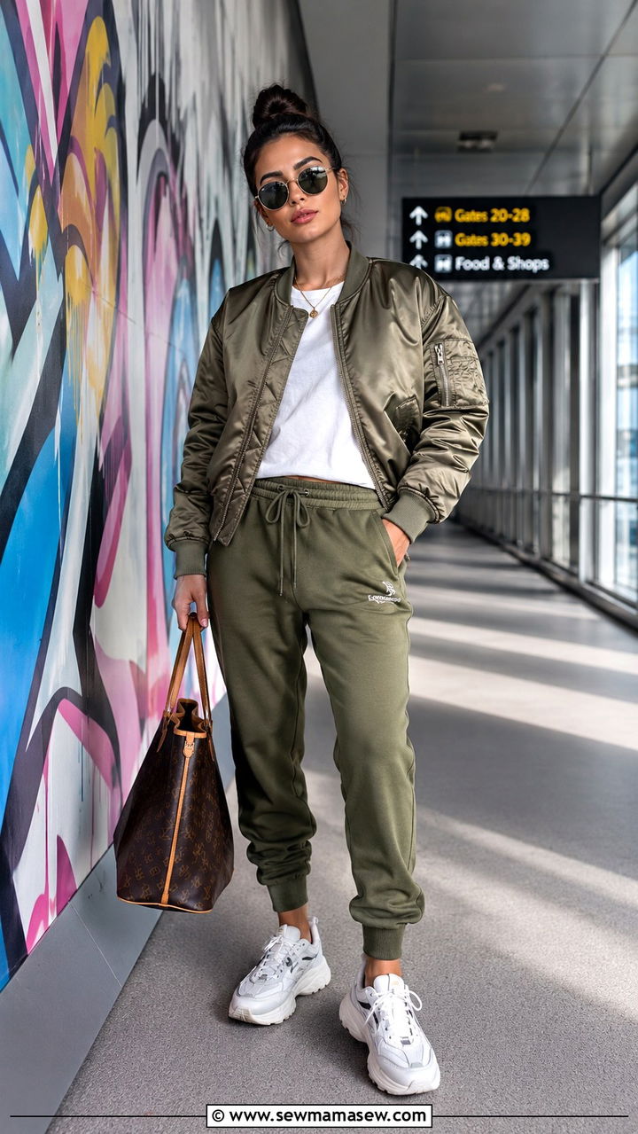 Jogger sweatpants with bomber jacket outfit - 25 Airport outfit ideas with sweatpants